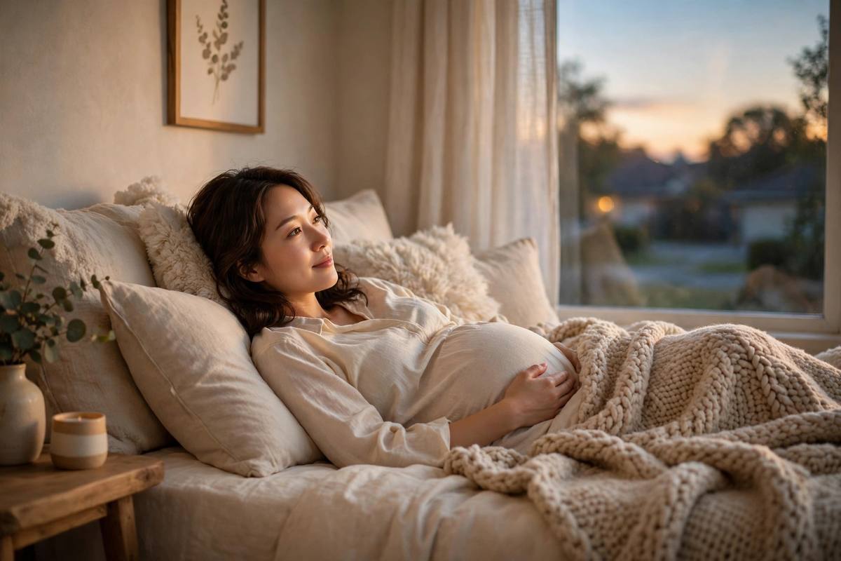 Peaceful pregnant woman resting on her side with pillows in a warm cozy bedroom at dusk