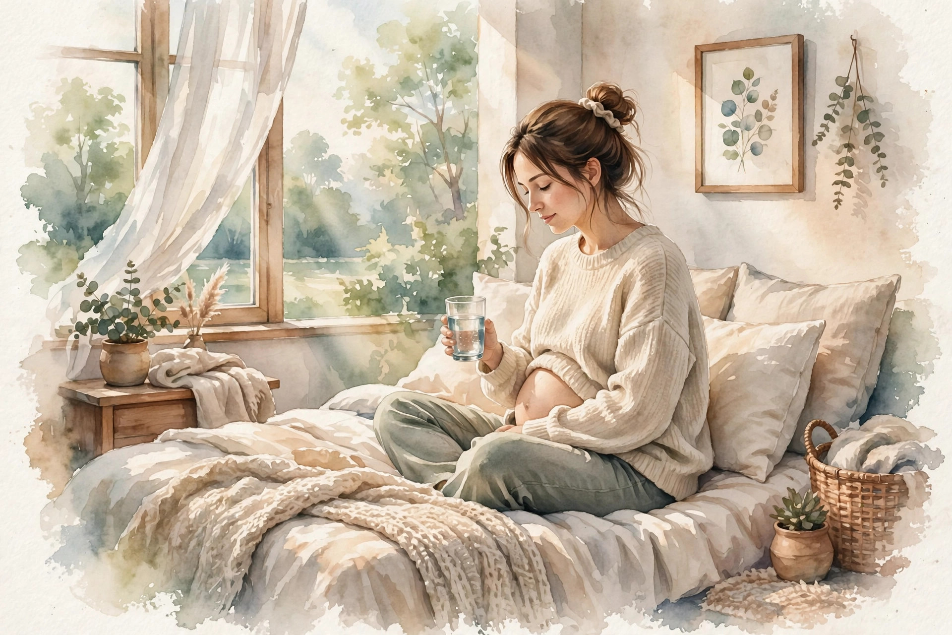 Pregnant woman holding a glass of water in a sunlit bedroom โ is Zofran safe in pregnancy?