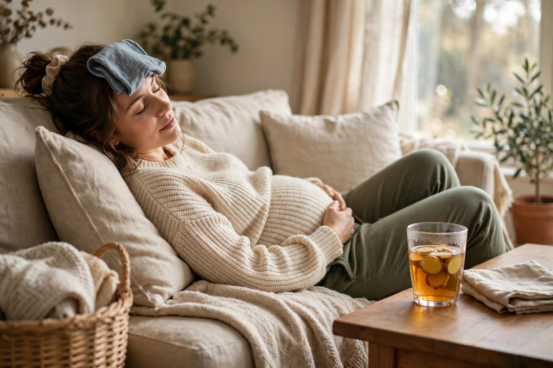 Pregnant woman resting on a couch with a cool washcloth and ginger tea while managing morning sickness nausea