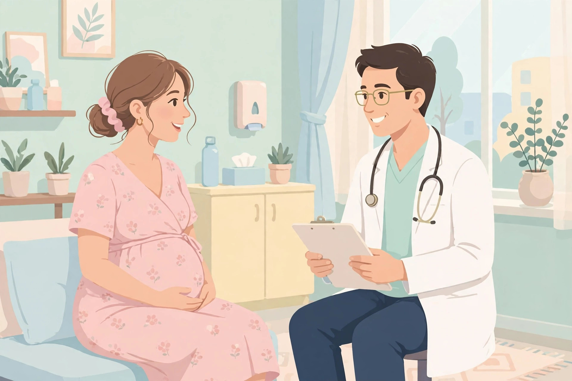 Pregnant woman discussing Zofran (ondansetron) safety with her doctor in a bright clinic
