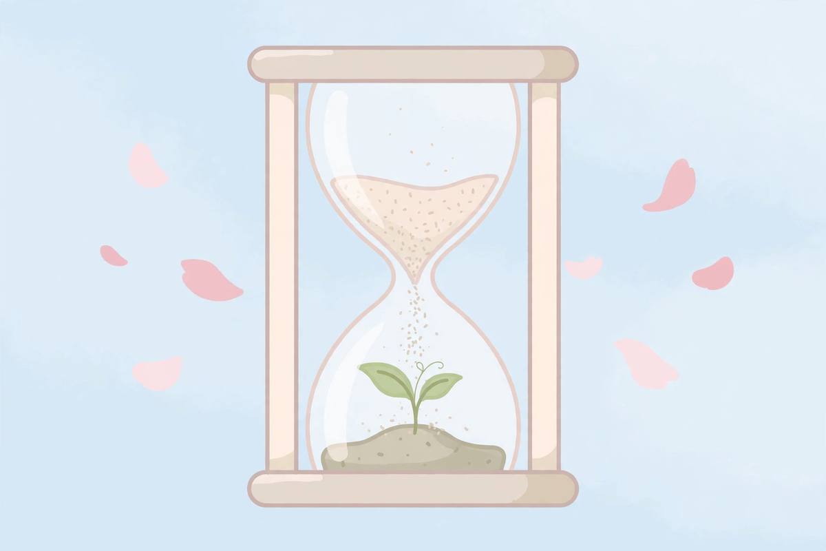 A flat illustration of an hourglass with a seedling growing inside, symbolizing time and new beginnings during fertility treatment