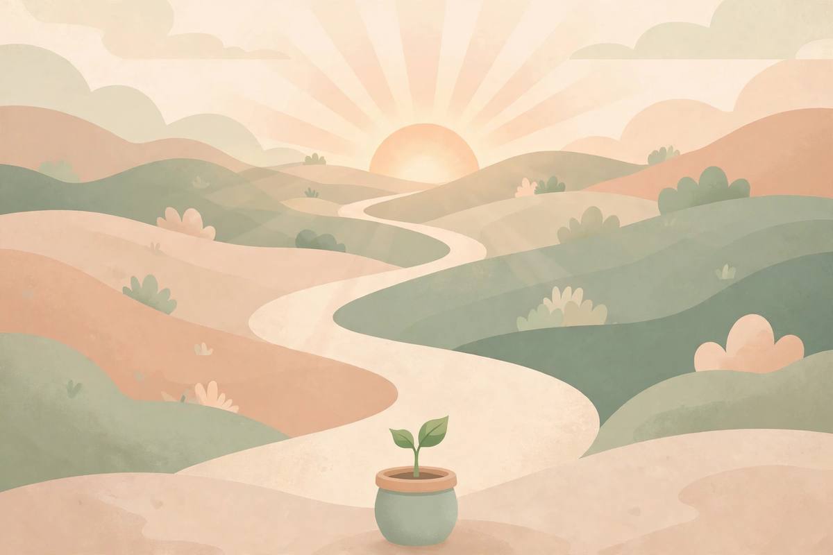 Soft illustration of a sunrise path and a young sprout, a hopeful IVF journey