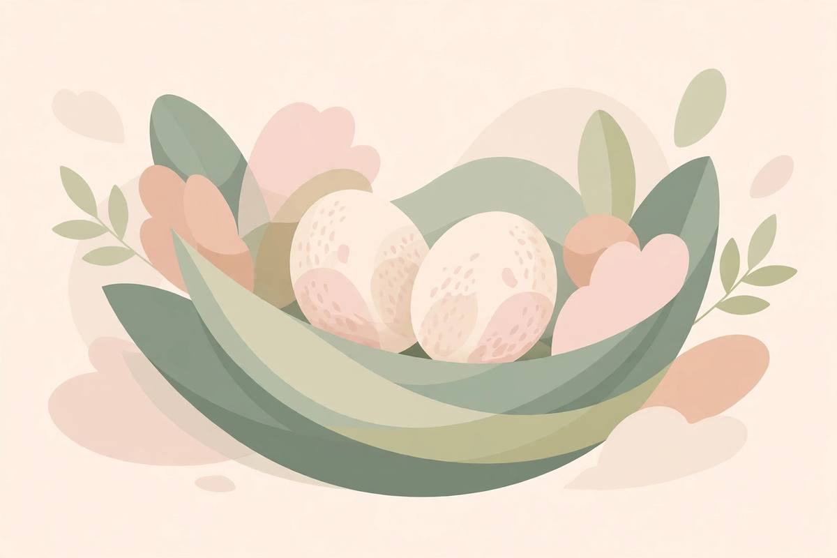 Abstract illustration of a seed-like circle resting in a nest of leaves
