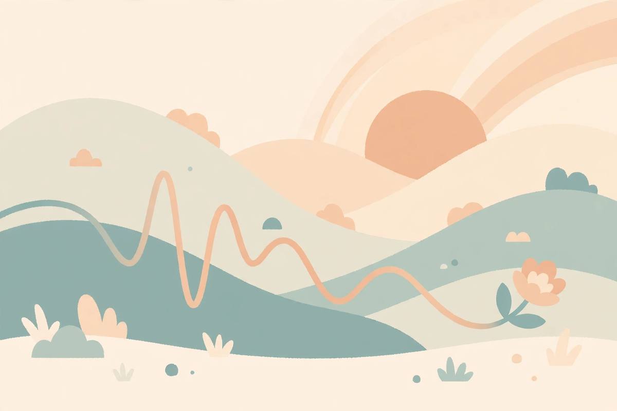 Abstract heartbeat line flowing into a small blooming flower at sunrise
