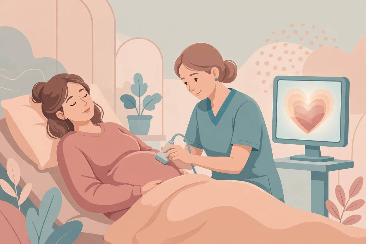 Gentle illustration of an early ultrasound appointment with a heart glowing on the monitor