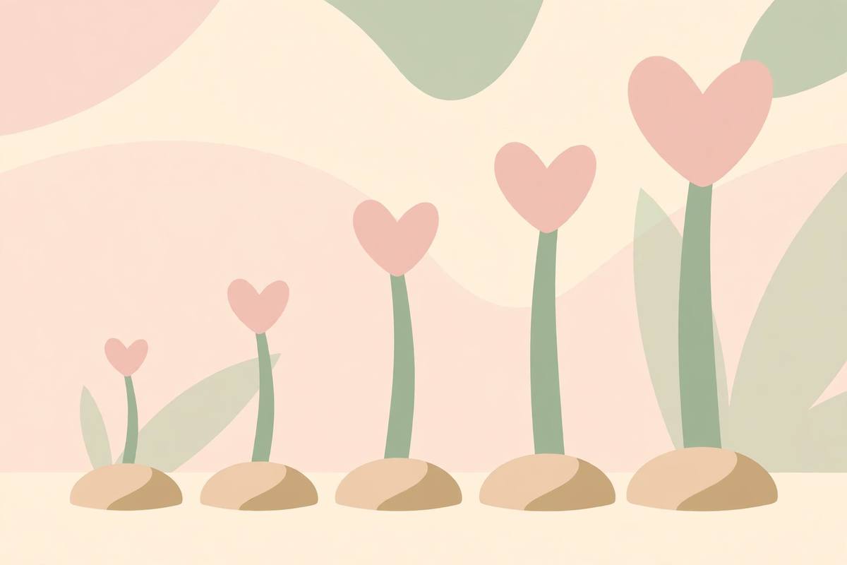 Five heart-topped sprouts growing taller, one for each passing week
