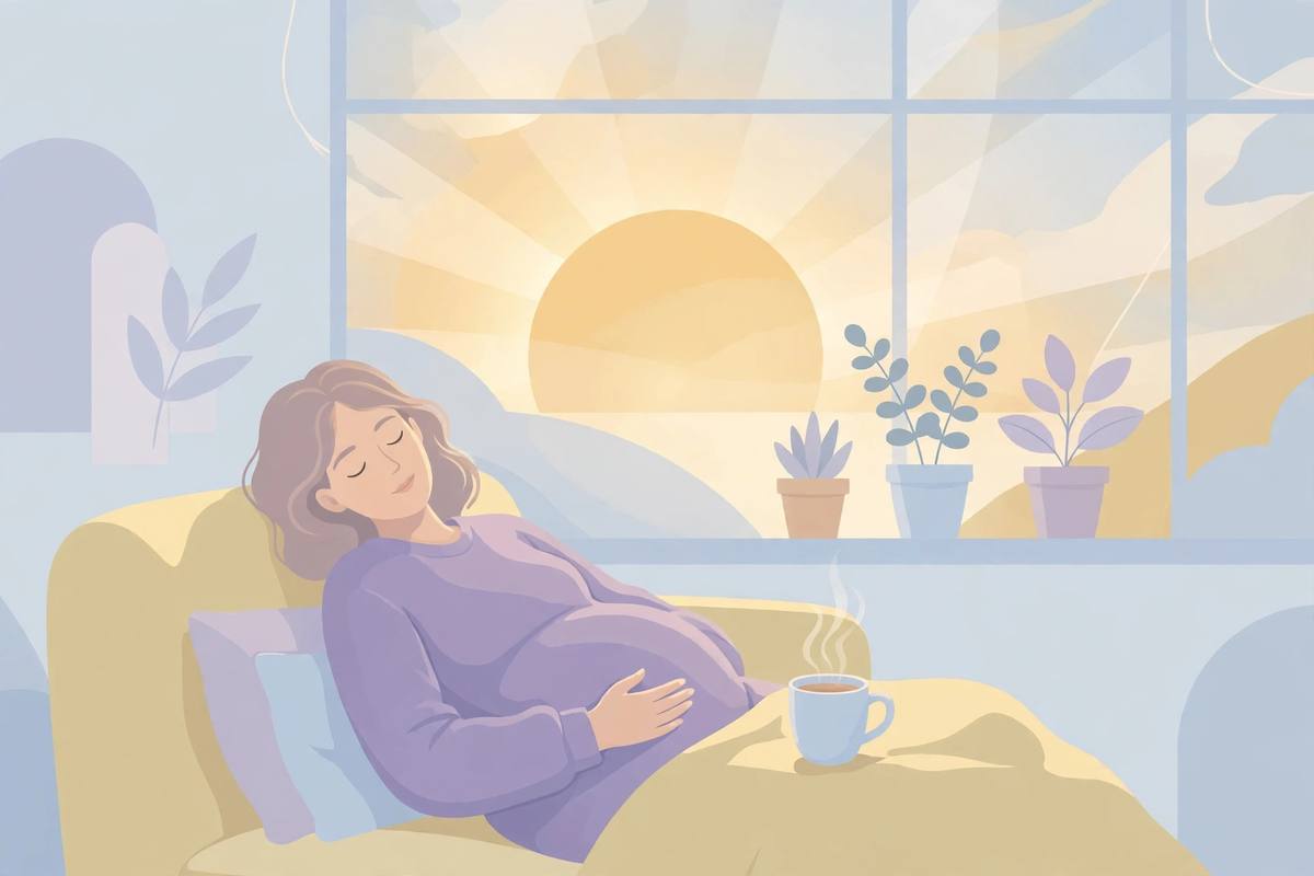 Pregnant woman resting peacefully at home in soft morning light