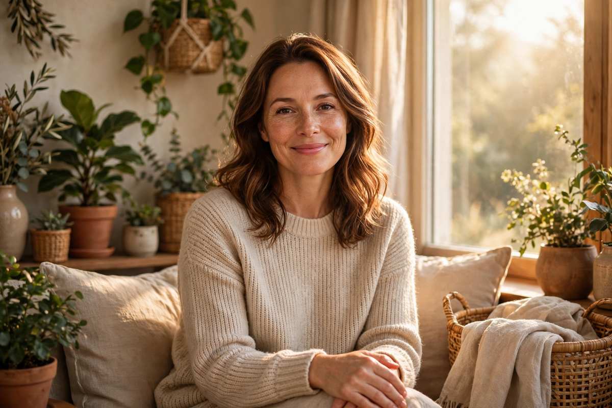 Hopeful woman in her late thirties smiling by a sunlit window at home
