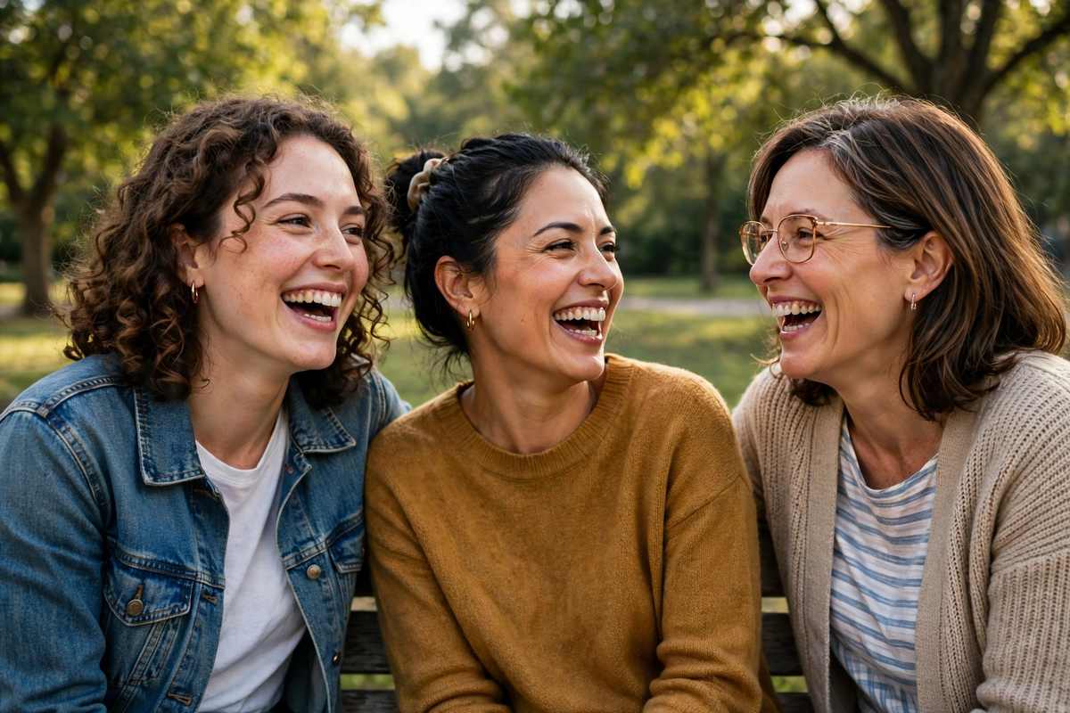 Three women friends in their 20s, 30s and 40s laughing together in a park