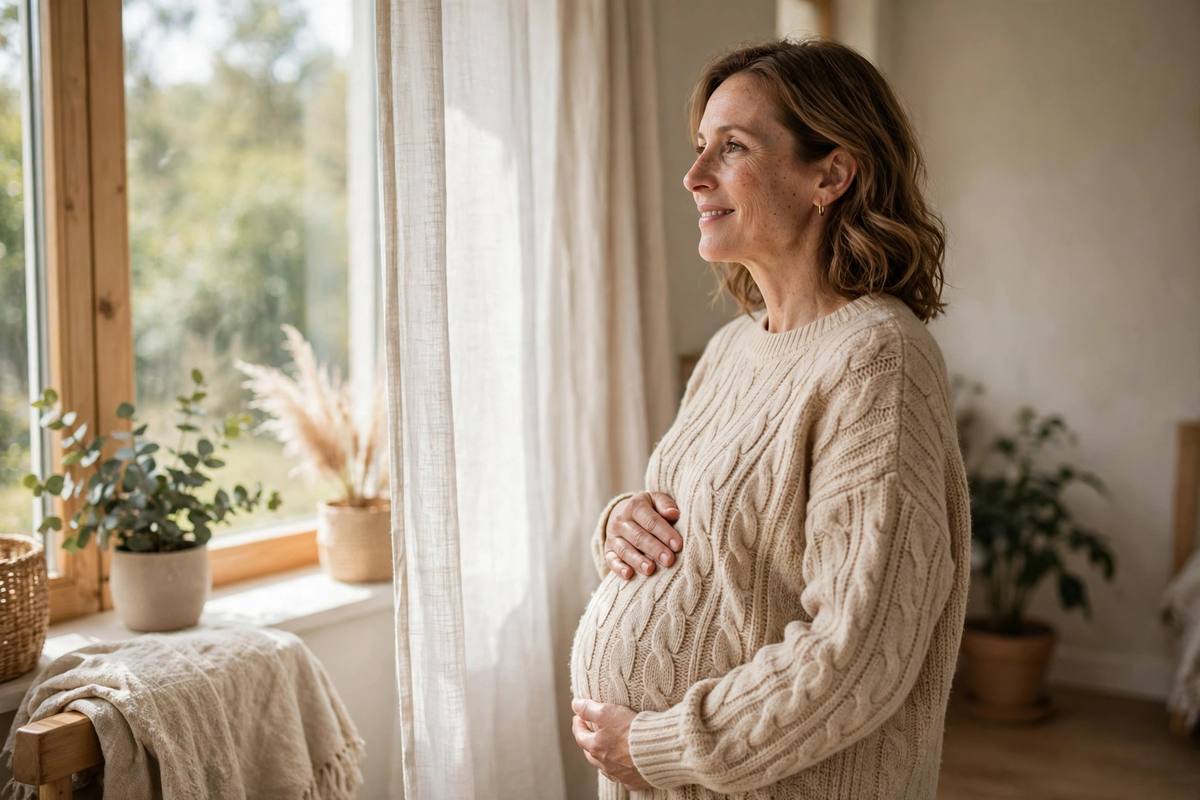 Pregnant woman in her early forties cradling her bump by a bright window