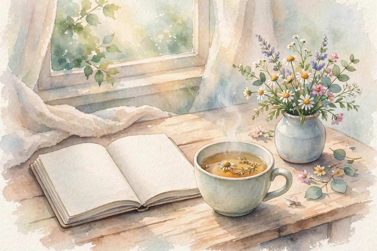 Open journal, herbal tea and wildflowers in soft morning light