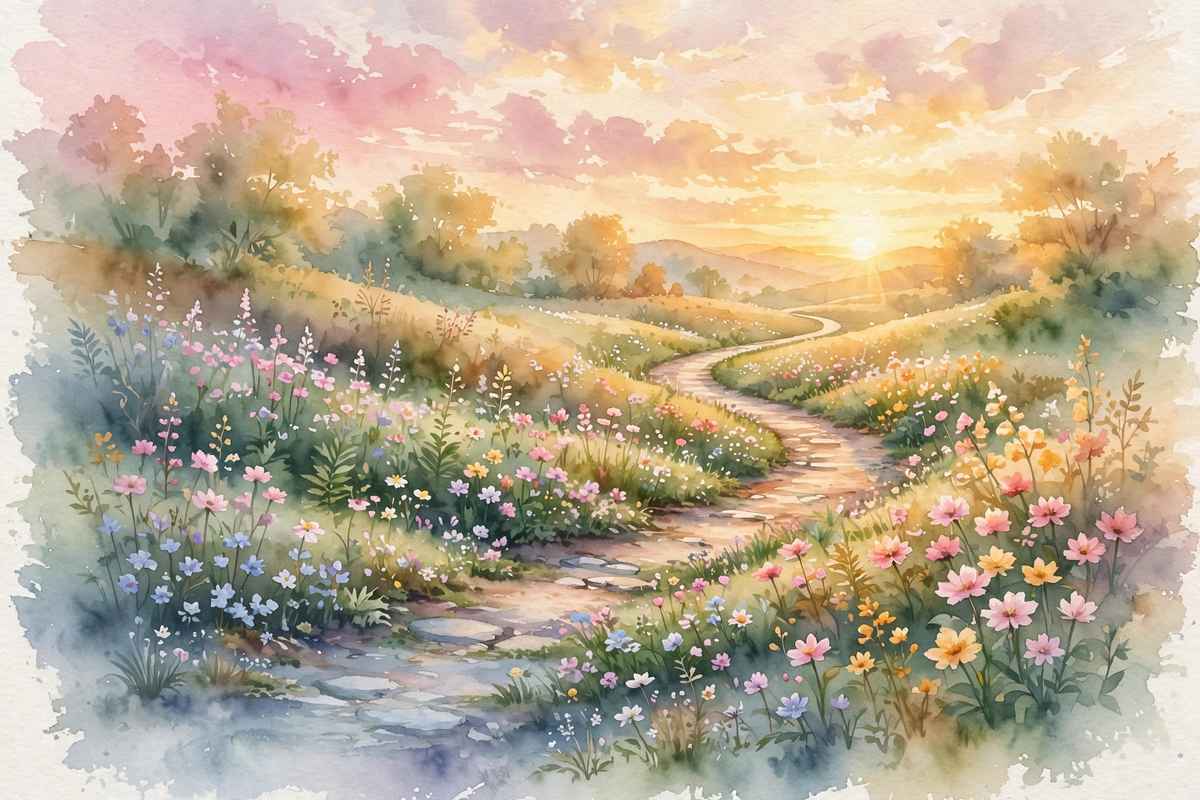 Garden path at sunrise with flowers blooming along the way