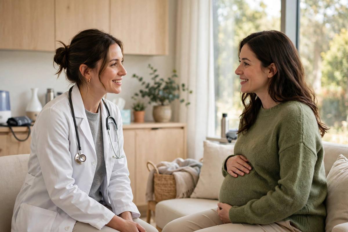Warm photo of a doctor consulting with a pregnant patient in a bright clinic