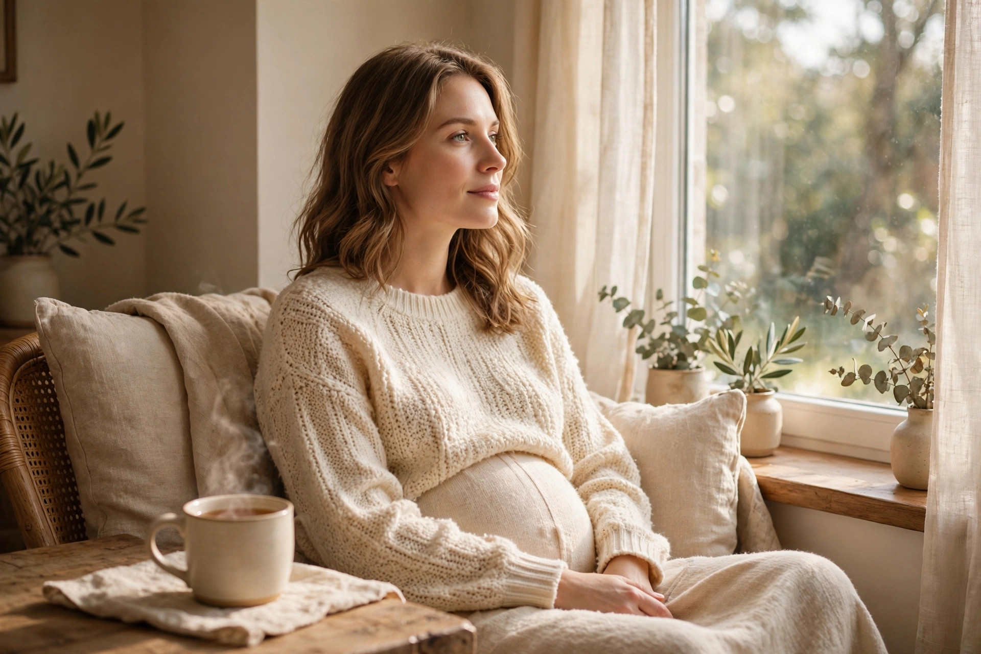 Pregnant woman relaxing by a bright window in a cozy sweater, warm lifestyle photo style