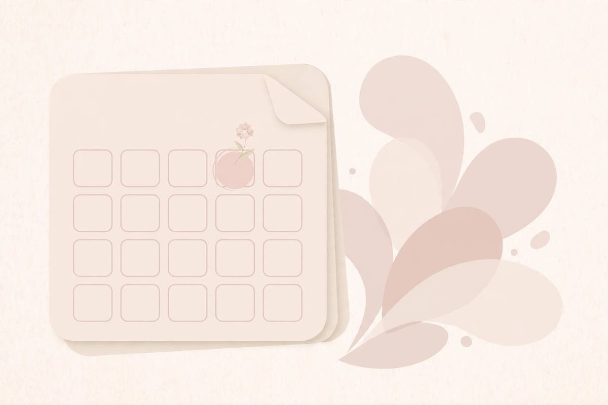 Soft flat illustration of a calendar page with a flower in blush pink and cream tones