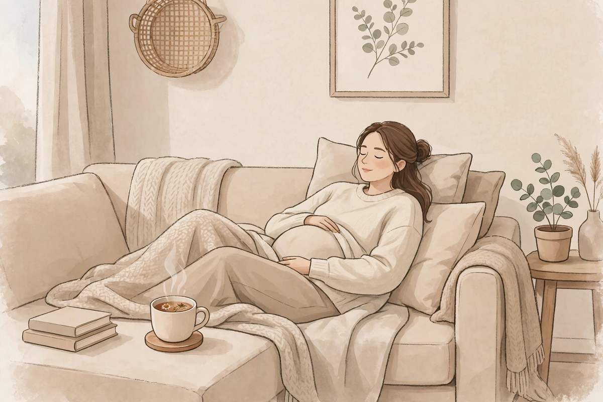 Pregnant person resting comfortably on a sofa with herbal tea and a soft blanket