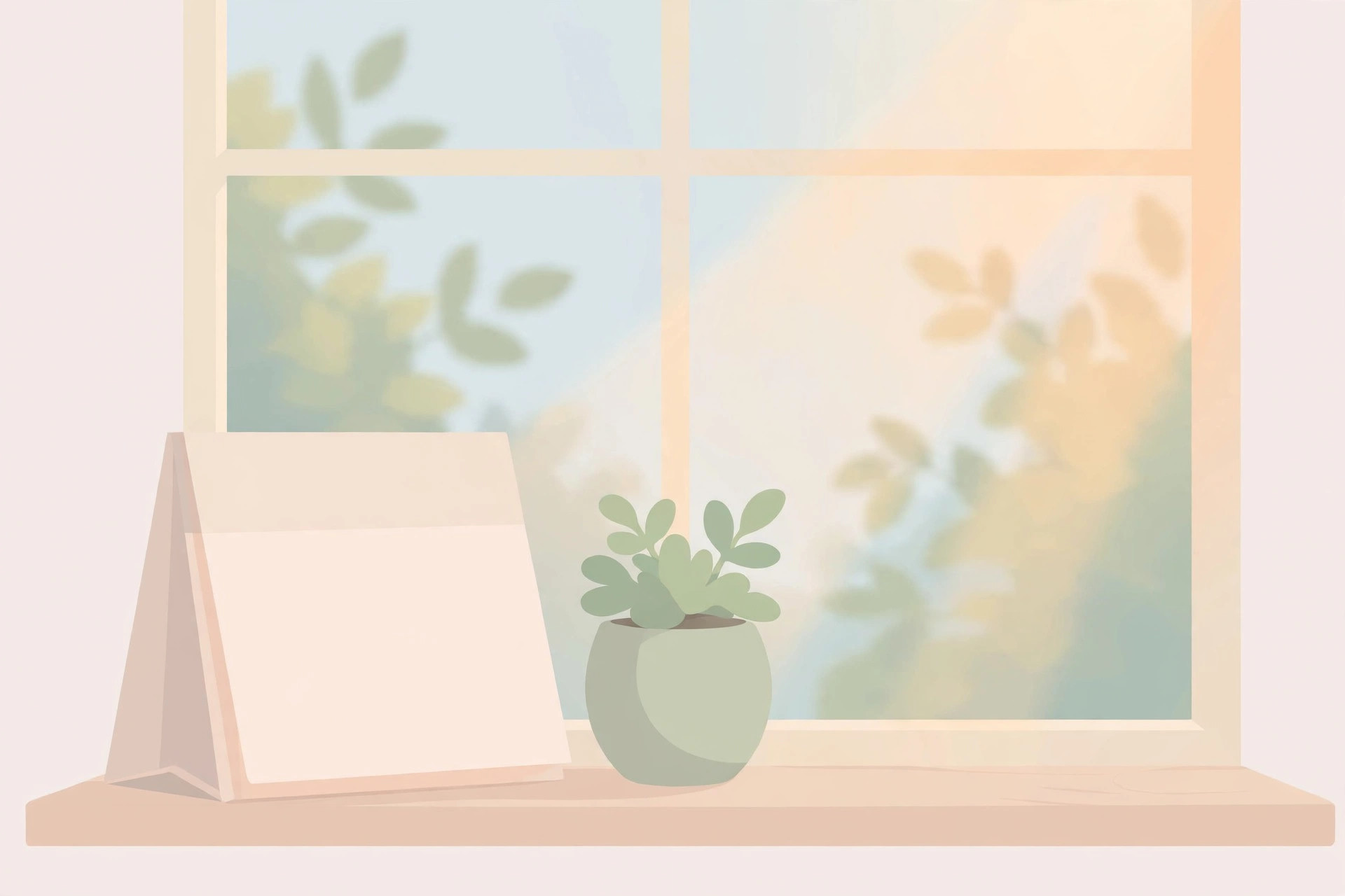Gentle flat illustration of a small potted plant and a calendar on a sunlit windowsill, symbolizing the early days of pregnancy
