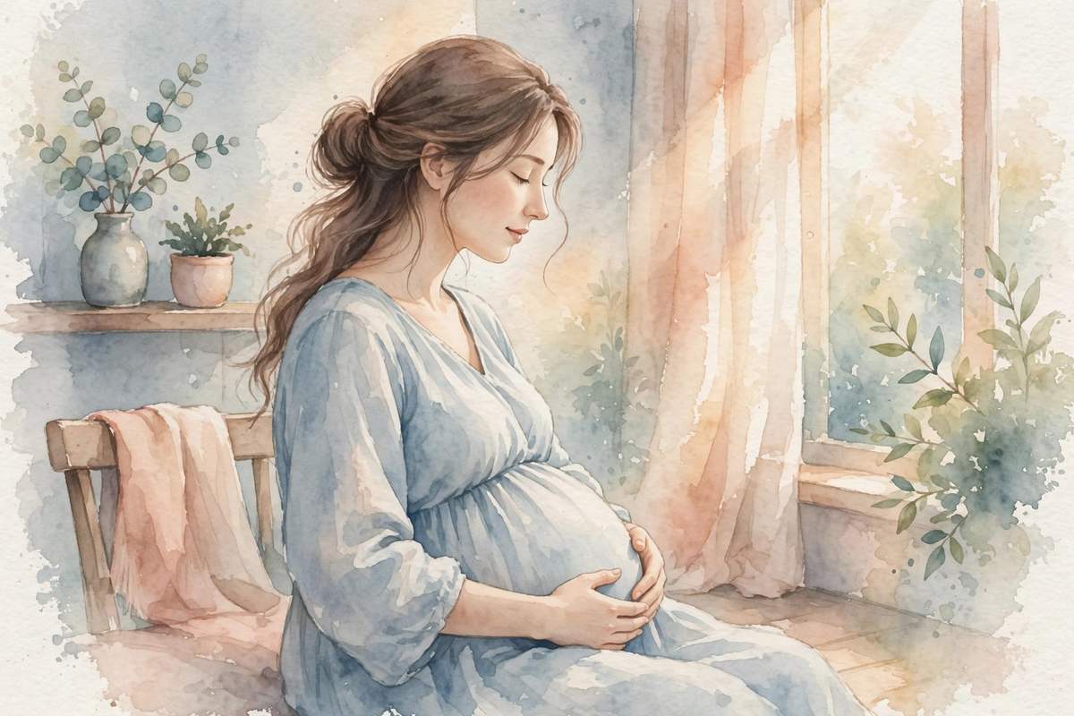 Soft watercolor illustration of an expectant mother resting her hands on her belly