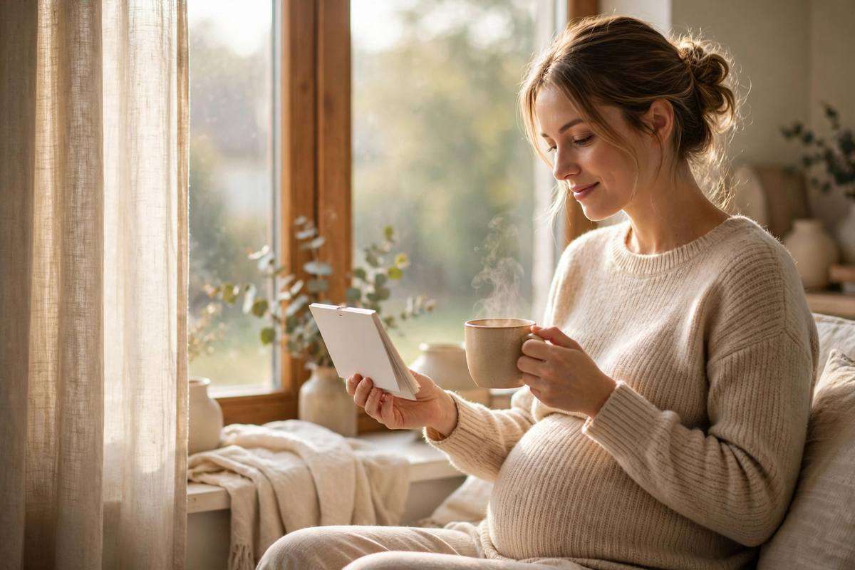 Expectant mother in warm morning light holding a calendar by a bright window