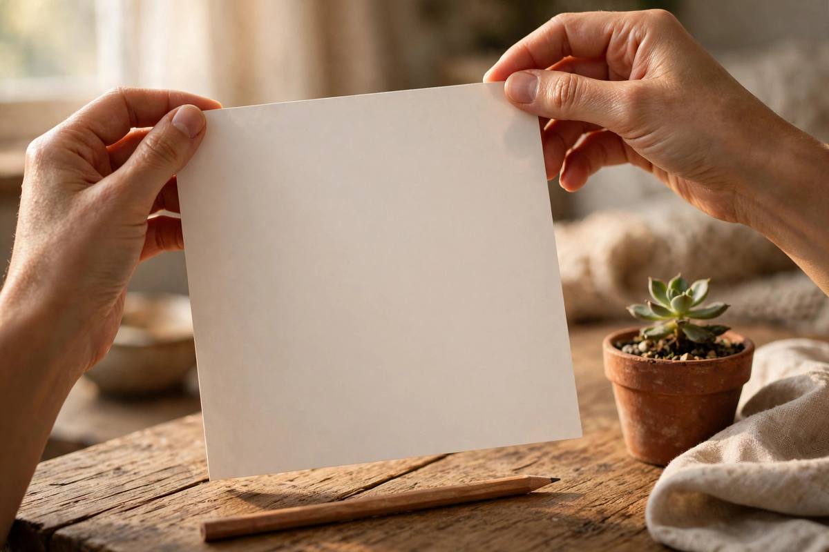 Hands holding a blank calendar page and pencil on a wooden table in morning light