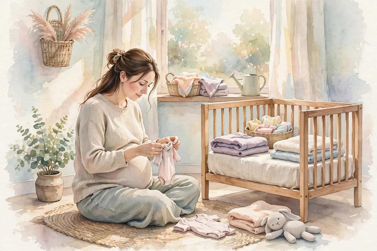 Watercolor illustration of a pregnant woman folding baby clothes beside a crib in a sunny nursery