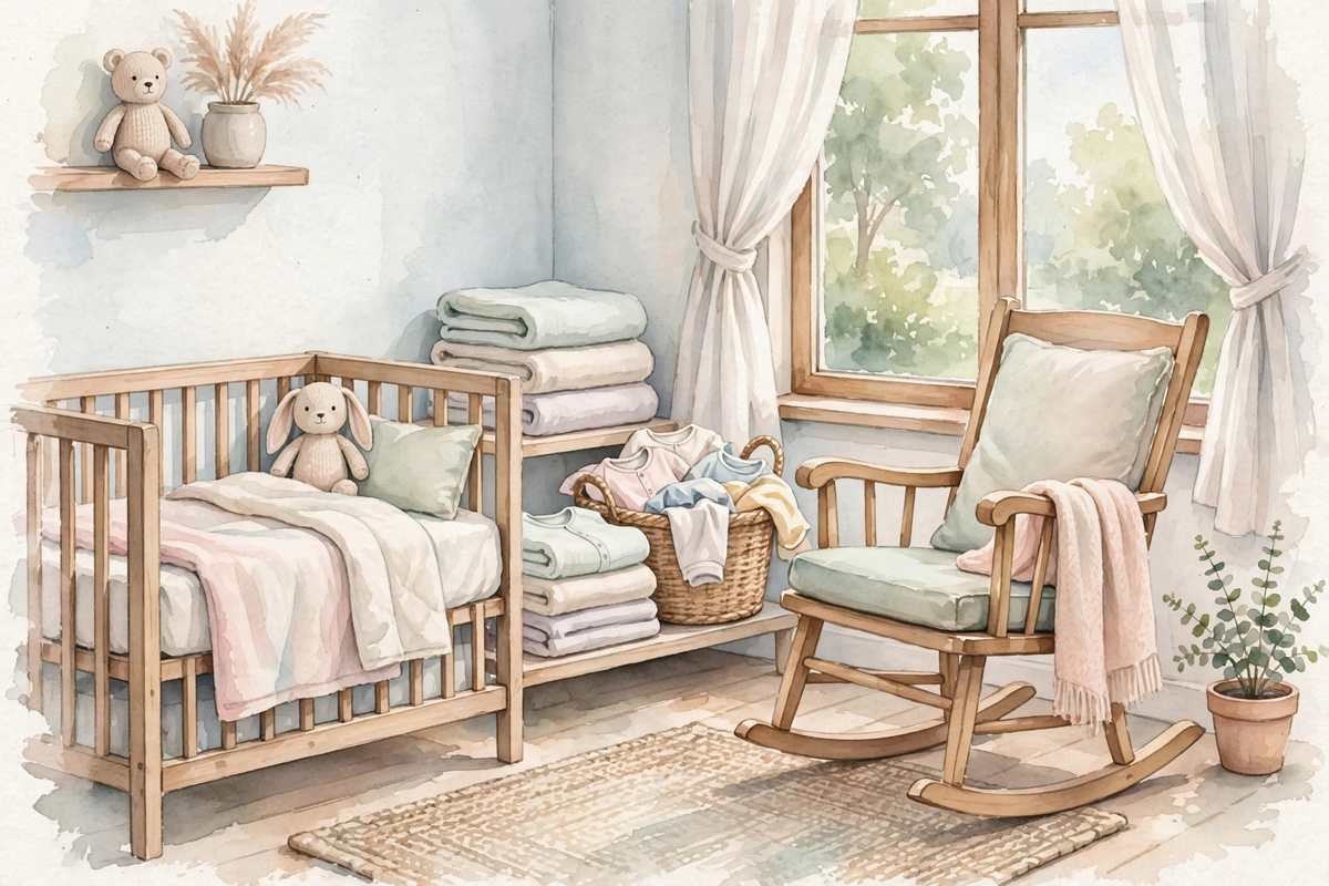 A tidy nursery corner with a made crib, folded baby clothes and a rocking chair by a window