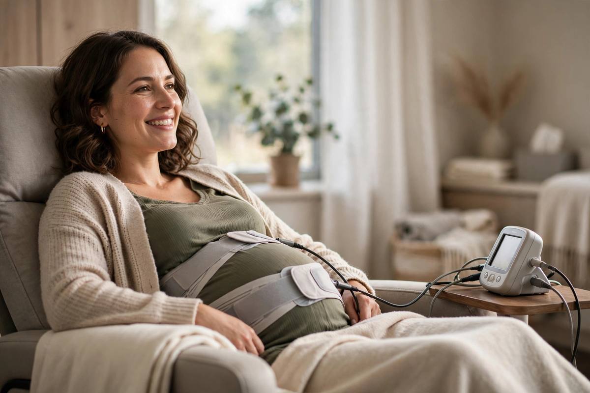 Pregnant woman reclining in a clinic chair with fetal monitoring belts across her belly