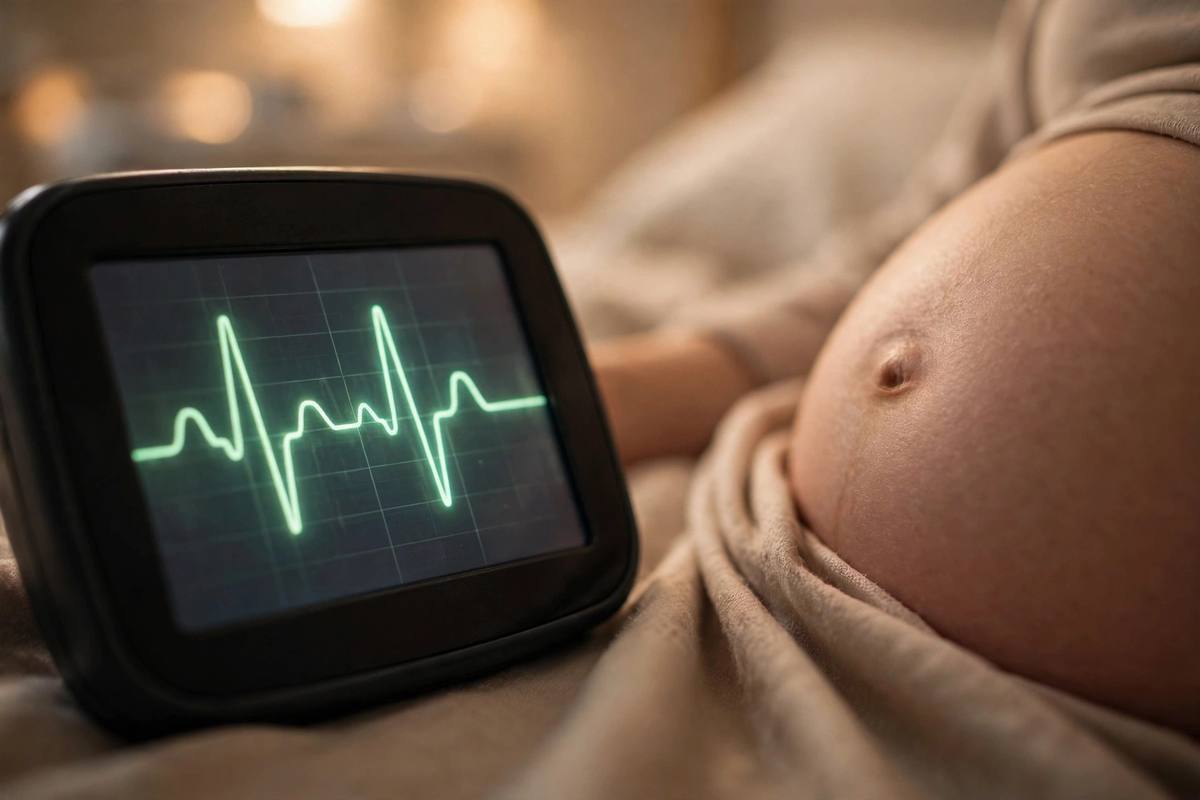 A fetal heart rate monitor glowing softly showing a heartbeat waveform trace beside a pregnant belly