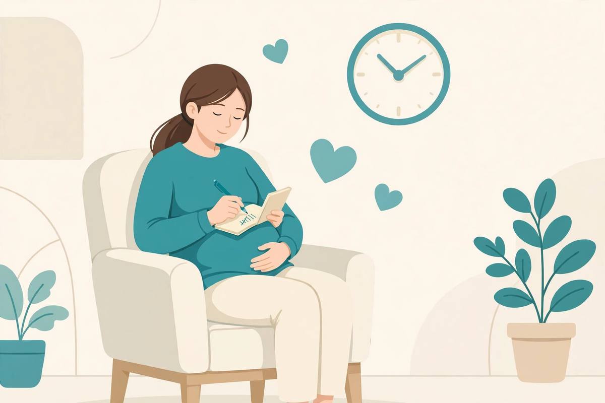 A pregnant woman relaxing in an armchair counting fetal kicks with a notebook, clock and heart motifs nearby