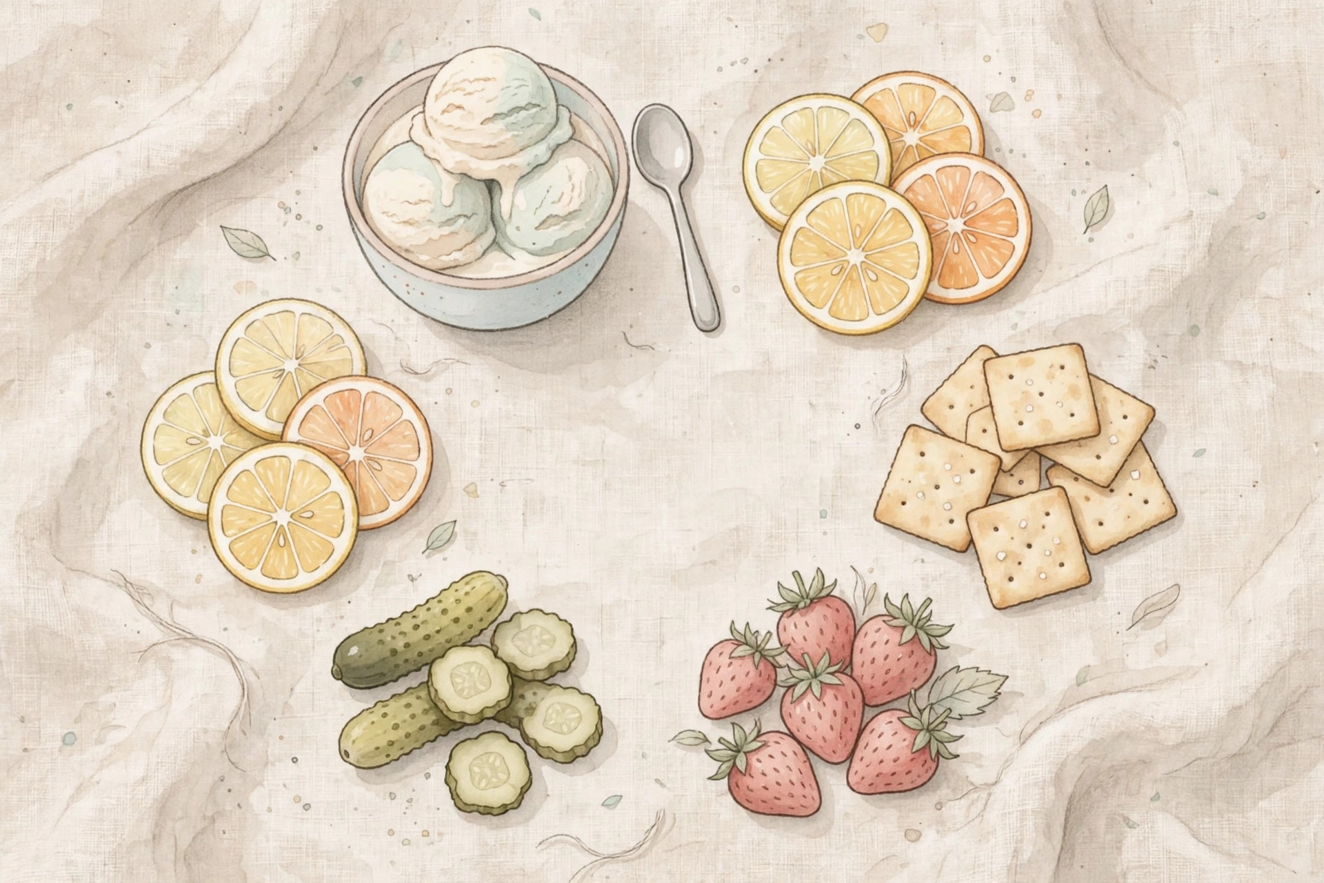Overhead flat lay of common pregnancy craving foods — pickles, citrus, strawberries, crackers and ice cream — arranged in a soft circle