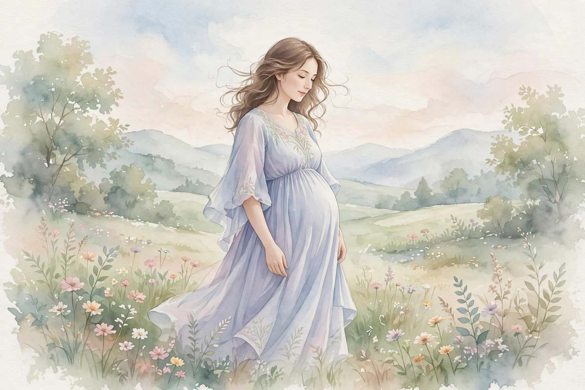 Soft watercolor illustration of a first-time mom's baby bump timeline across pregnancy weeks