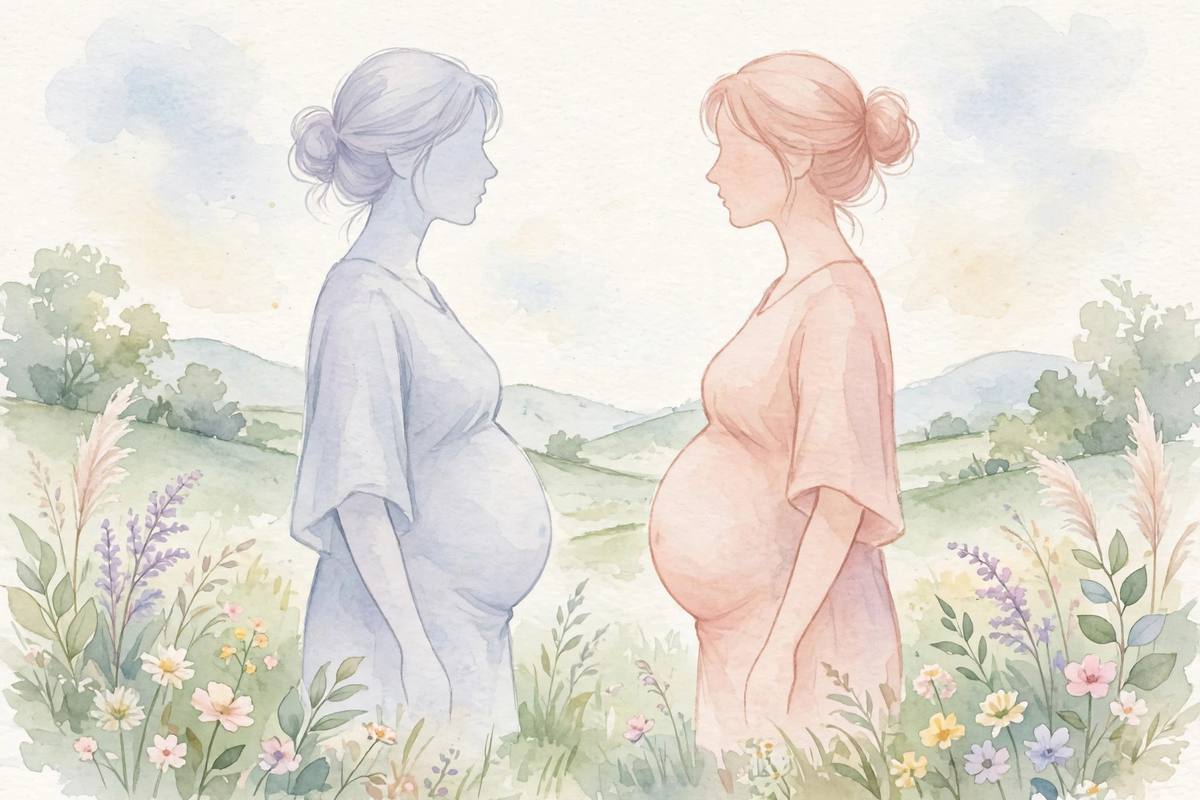 Soft watercolor illustration of a pregnant belly showing the difference between bloating and a true baby bump
