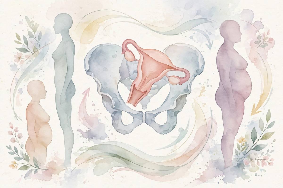 Soft watercolor illustration of factors that shift when a first pregnancy starts showing, like uterus tilt and body shape