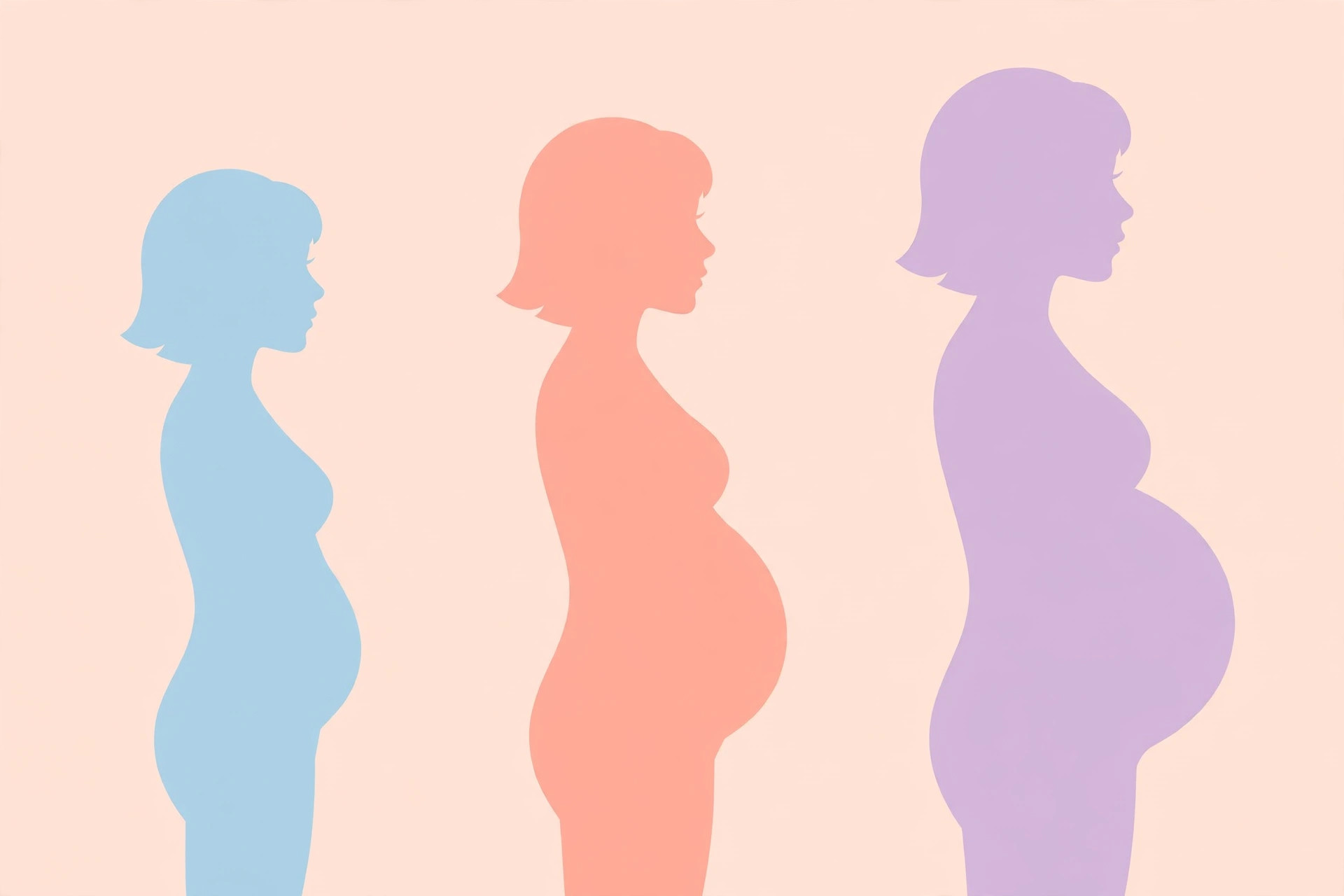 Soft watercolor illustration of a pregnant woman with a small early bump resting a hand on her belly near a sunlit window