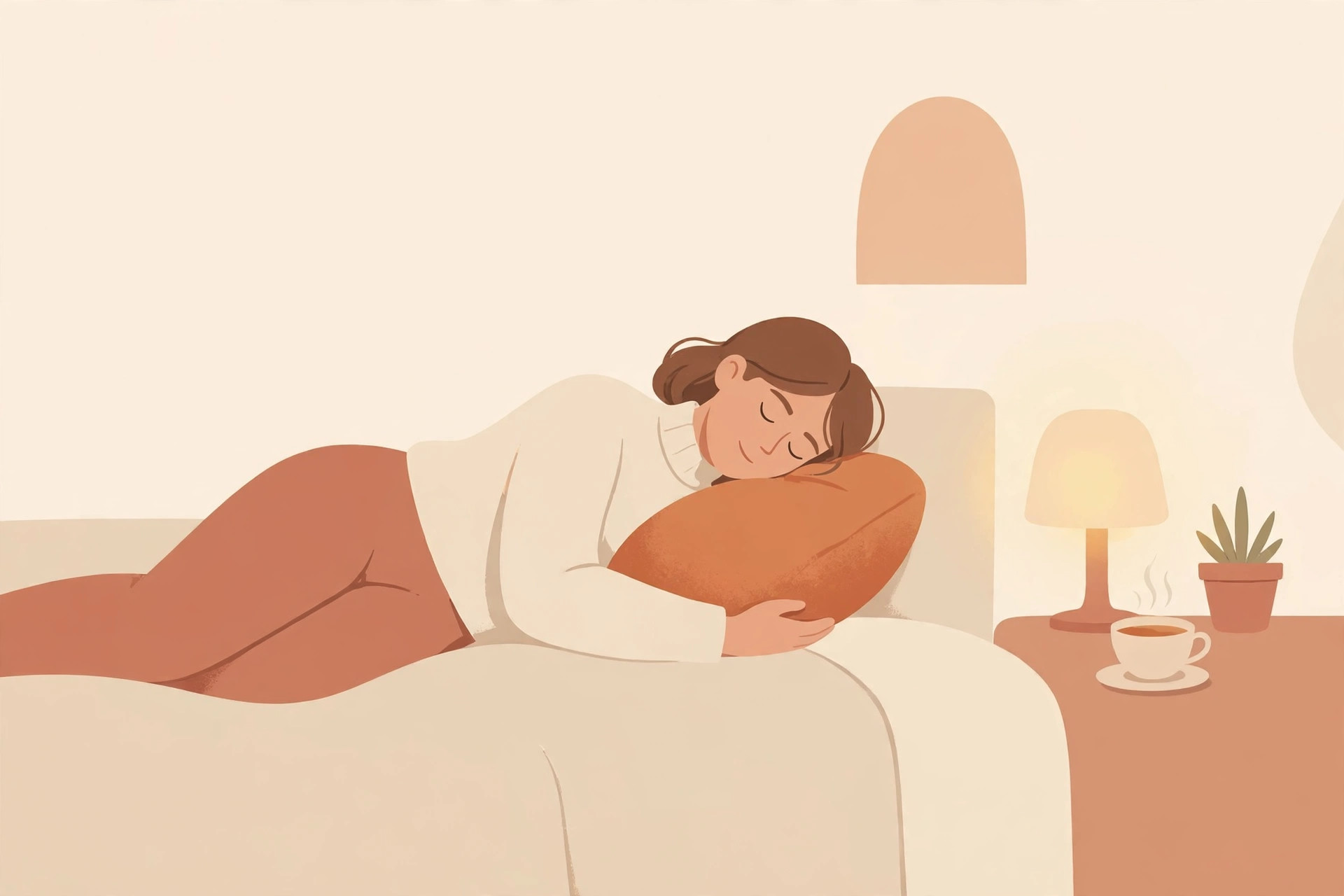A cozy, minimal illustration of a woman resting on a bed with a warm cushion against her side