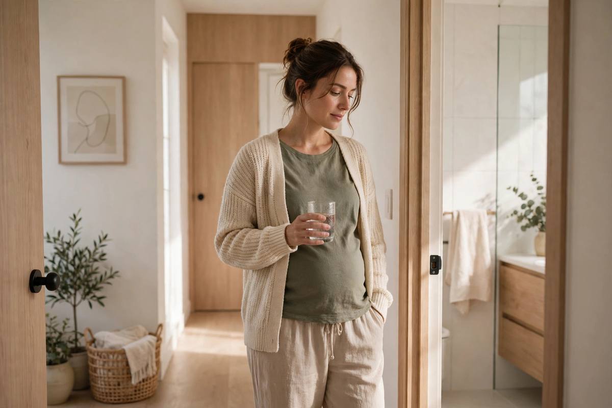 Pregnant woman holding a glass of water near a bathroom in a bright home hallway
