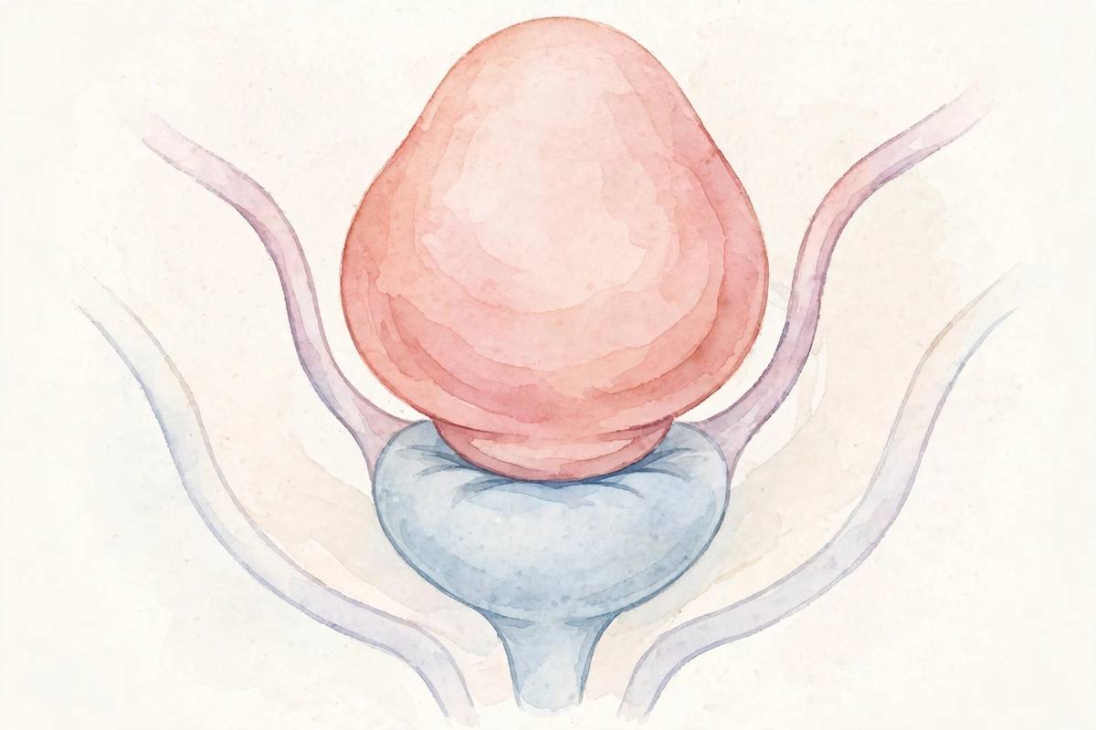 Soft watercolor illustration of a growing uterus pressing gently on the bladder in pastel tones