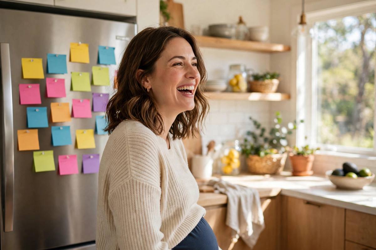 Pregnant woman smiling with sticky notes on the fridge illustrating pregnancy brain