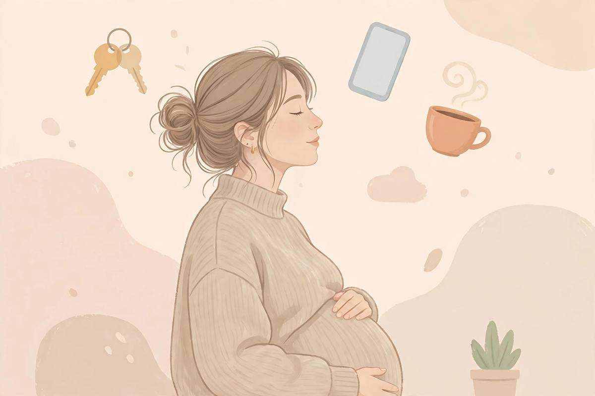 Pregnant woman with floating everyday objects suggesting forgetfulness