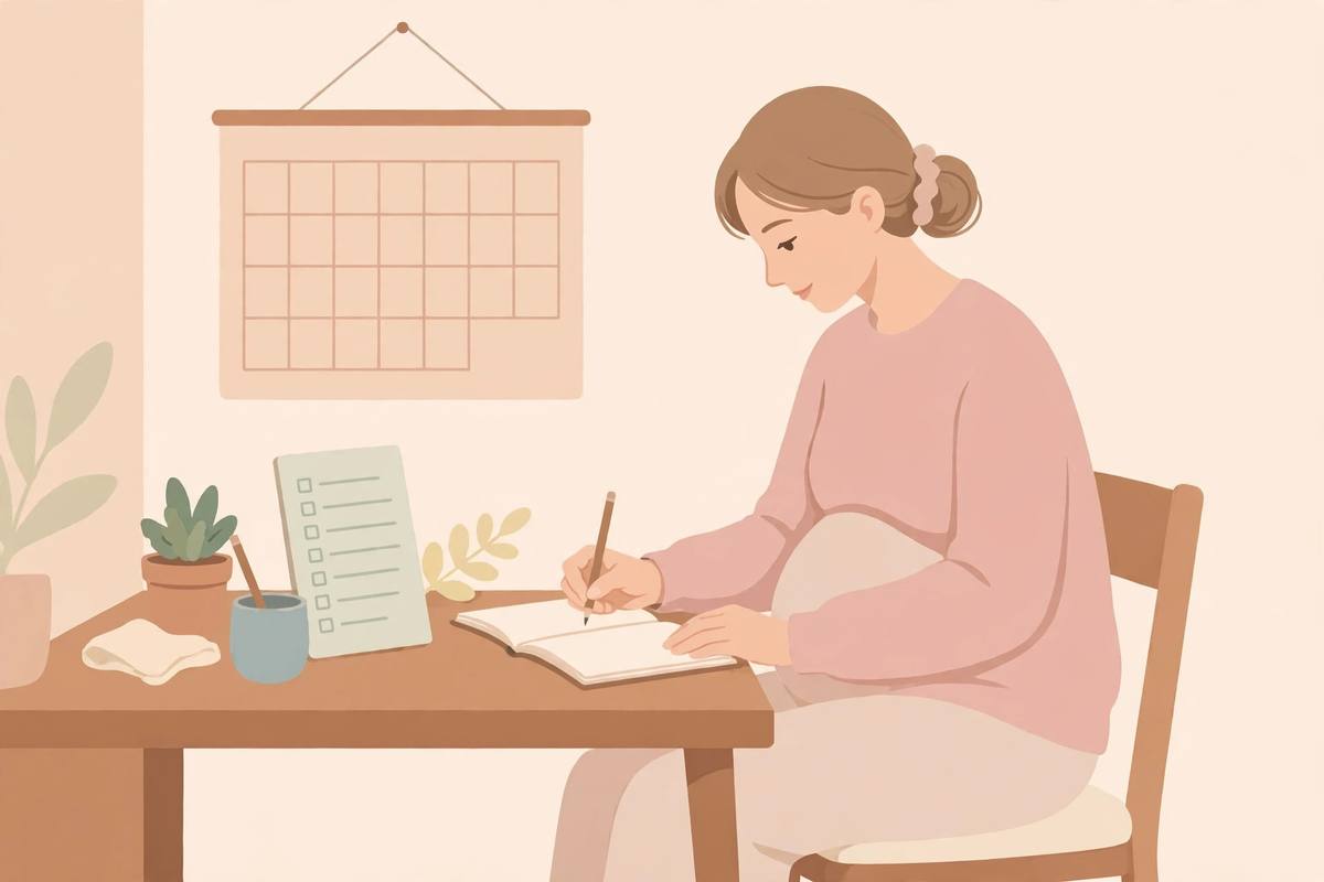 Pregnant woman writing in a notebook beside a wall calendar