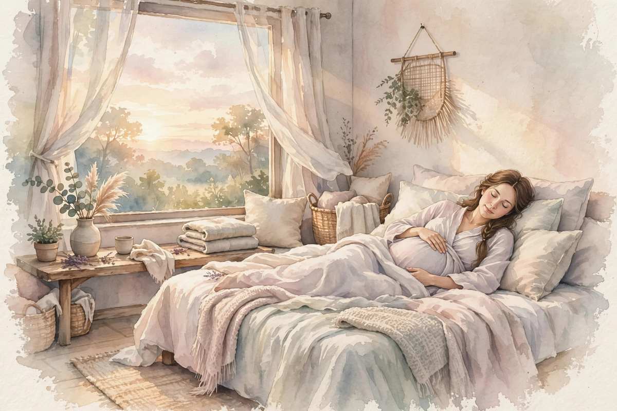 Soft watercolor of a serene pregnant woman resting at sunrise