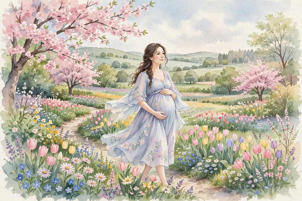 Watercolor of a pregnant woman walking through a sunny flower garden
