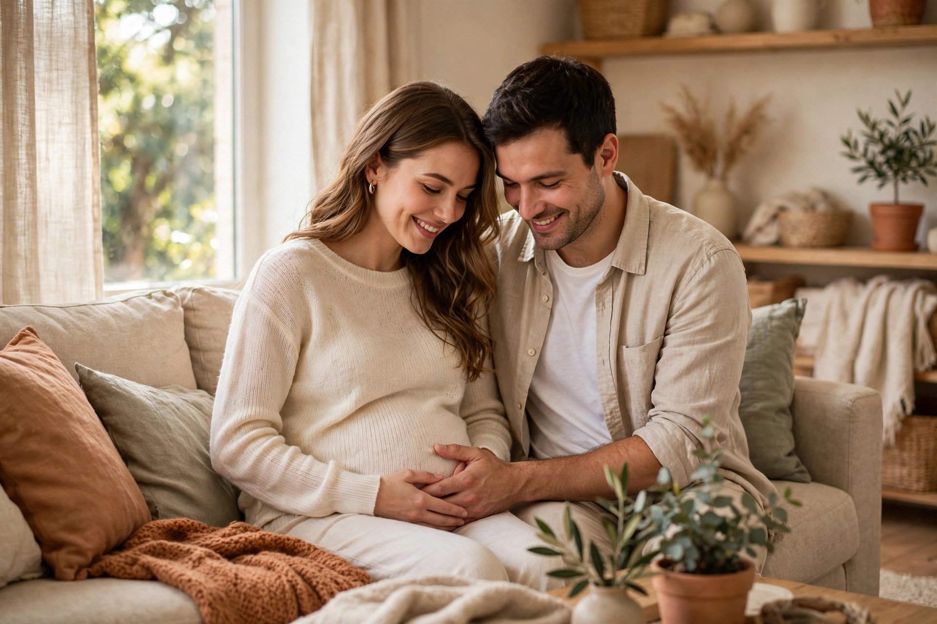 Warm photo of a happy couple holding hands over a small pregnancy bump, representing the best timing for when to announce pregnancy
