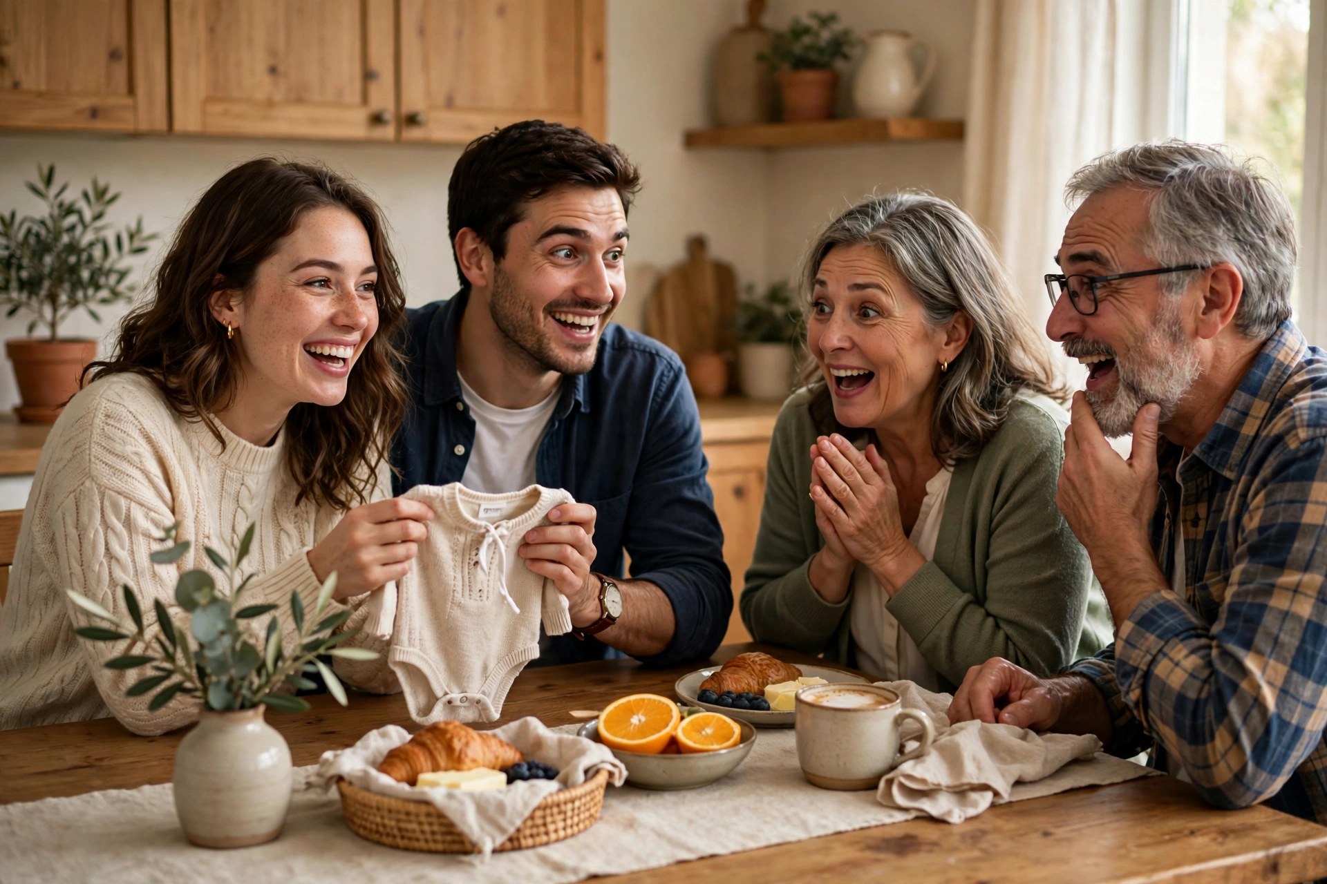 A gentle flat illustration of three generations of a family sharing happy news together over tea