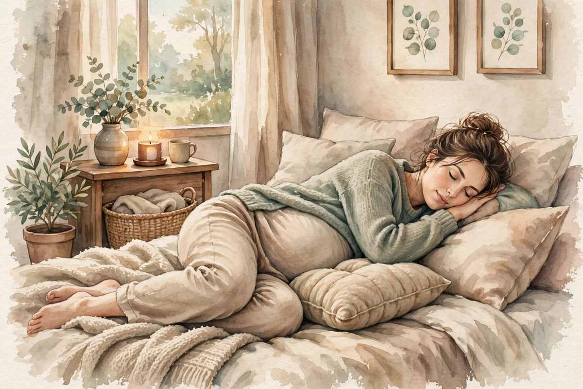 Pregnant woman resting comfortably on her side with a cushion between her knees