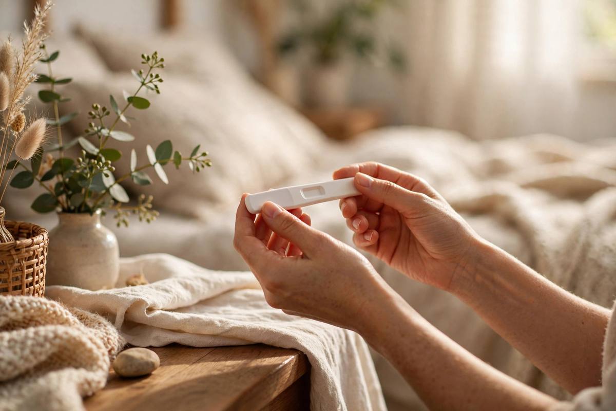 Woman's hands holding a home pregnancy test in soft morning light on a bedside table
