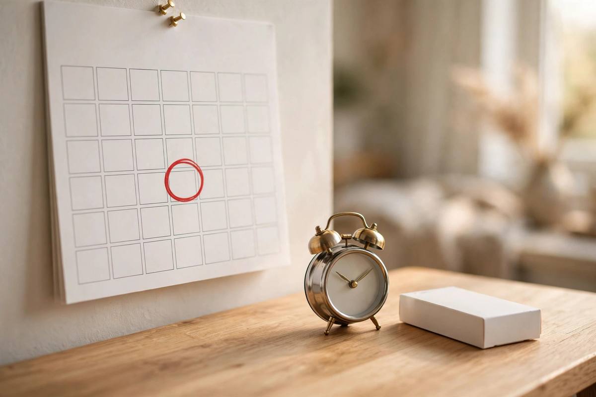 Calendar with a circled test date beside a pregnancy test box in warm daylight