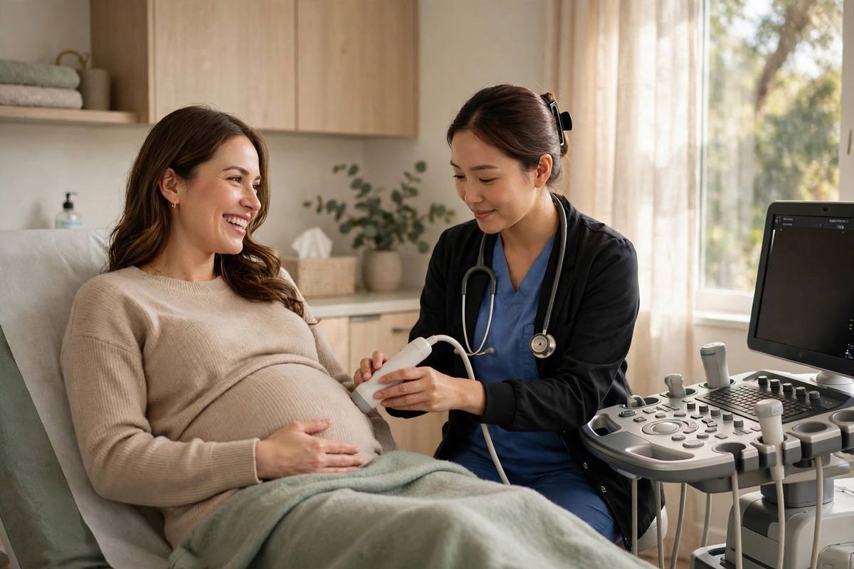 A sonographer performing a modern ultrasound scan in a bright clinic room