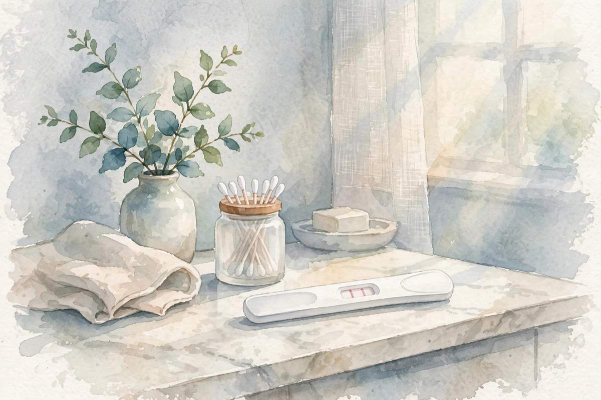 Positive pregnancy test on a bathroom counter in gentle morning light